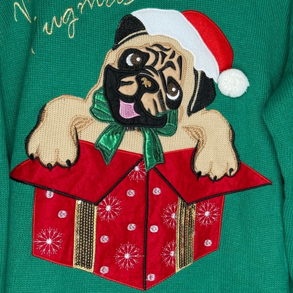 Merry Pugmas Christmas‎ Sweater Pug Dog Lover Gift Present Pompom Plus Size 2X - Picture 3 of 6